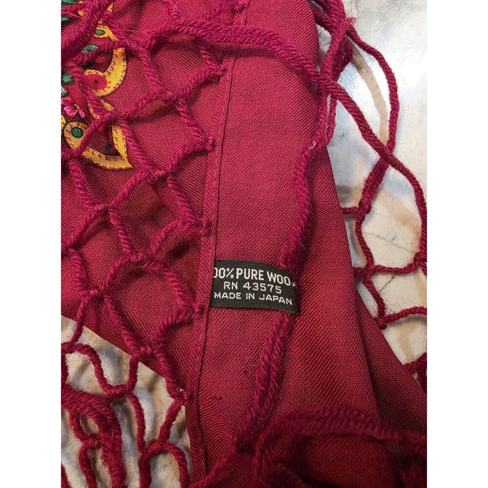 Vintage 100% Wool Floral Piano Shawl Burgundy Macrame Fringe Japan Fortune Telle